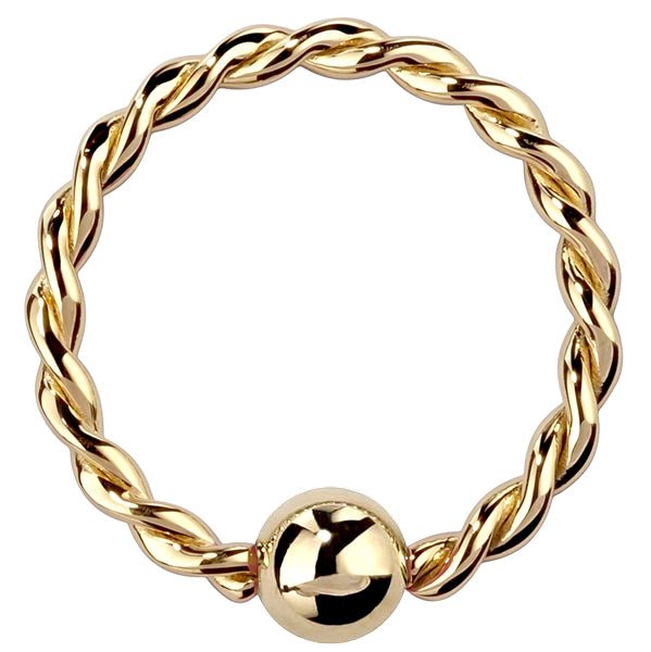 14K yellow gold twisted fixed bead ring, front view showing braided hoop and polished ball closure