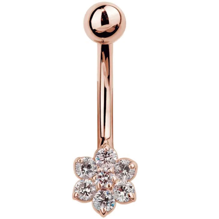 14k rose gold CZ flower belly button ring with 7 round cubic zirconia gems, front view on white background