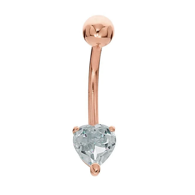 14k rose gold heart solitaire belly ring featuring 5mm CZ in prong setting, warm rose tone barbell