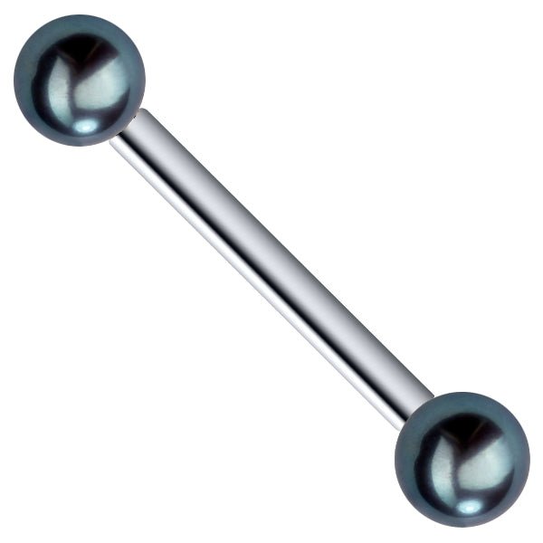 14K white gold straight barbell nipple ring with iridescent peacock cultured pearl ends