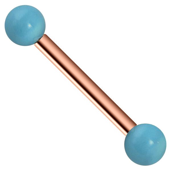 14K rose gold straight barbell with simulated turquoise balls, front view on white background