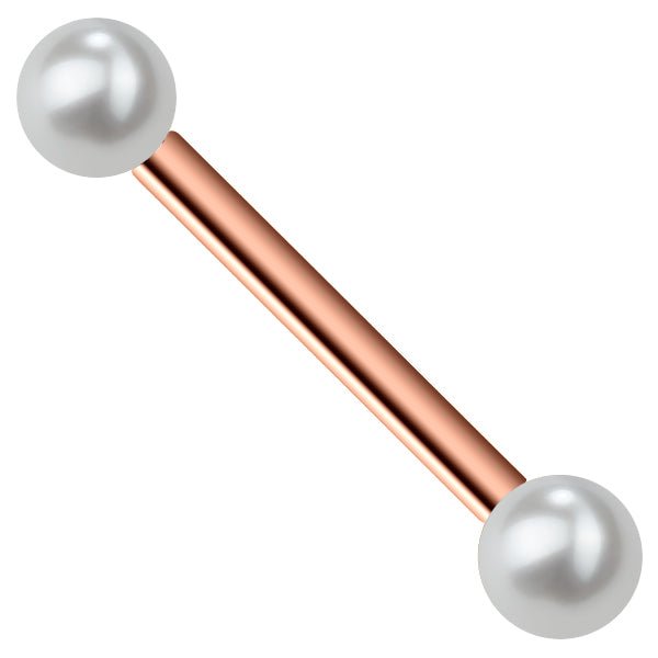14K rose gold straight barbell with two white cultured freshwater pearls, front product view