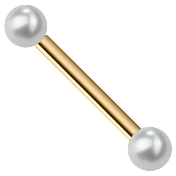 14K yellow gold straight barbell with two white cultured freshwater pearls, main product view