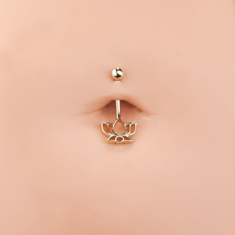 14k rose gold lotus flower navel ring shown in belly button piercing for fit and scale reference