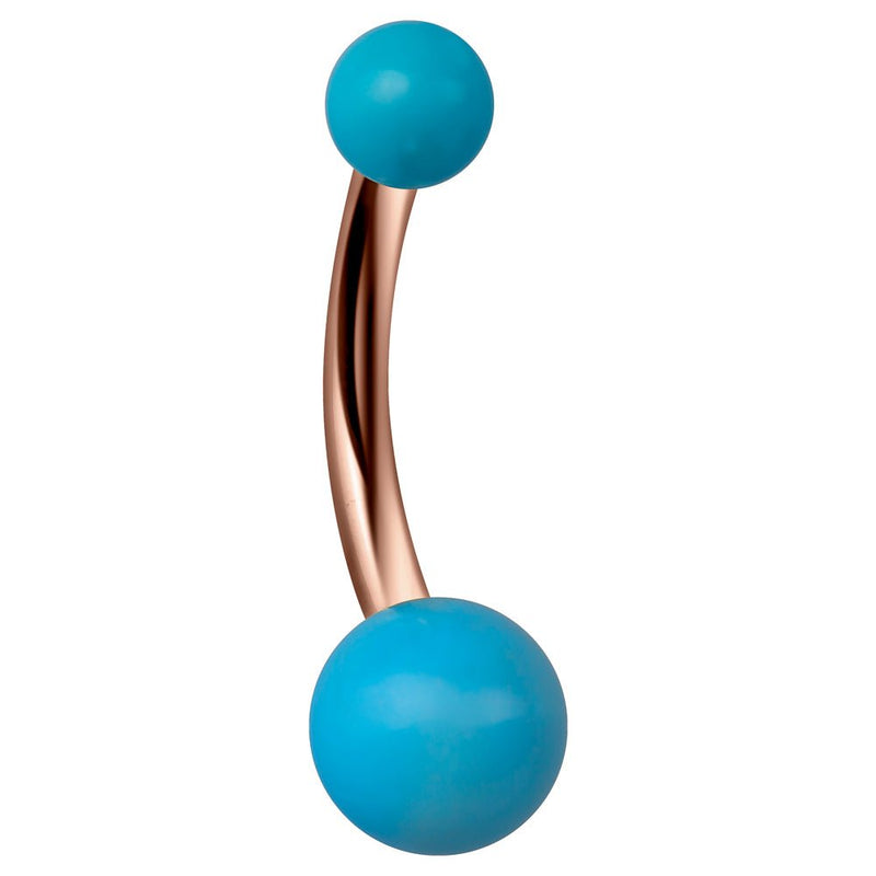 14k rose gold belly button ring with turquoise double balls, side profile view