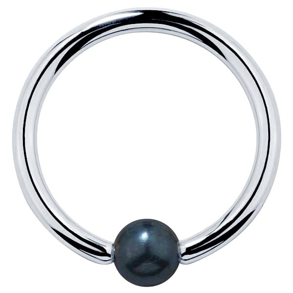 14K white gold captive bead ring with dark iridescent peacock pearl, front view