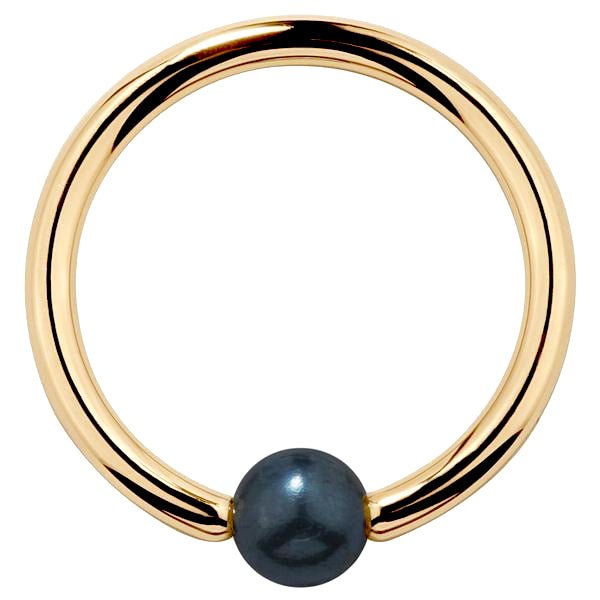 14K yellow gold captive bead ring with iridescent peacock pearl, front view