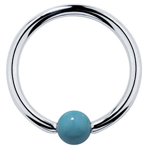 14K white gold captive bead ring with faux turquoise bead, high-polish silver-tone hoop front view
