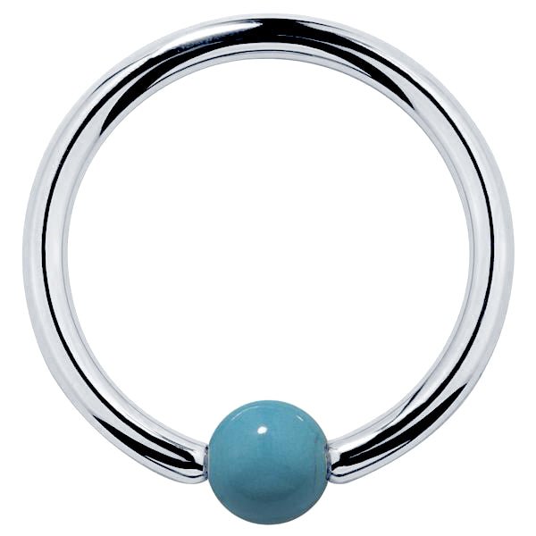 14K white gold captive bead ring with faux turquoise bead, high-polish silver-tone hoop front view