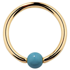 14K yellow gold captive bead ring with faux turquoise 3mm bead, polished hoop front view