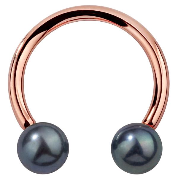 14K rose gold circular barbell with genuine peacock pearl ends, front view