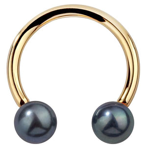 14K yellow gold peacock pearl circular barbell, front view showing iridescent dark pearl ends