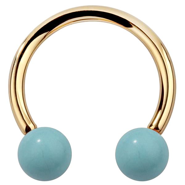 14K yellow gold circular barbell with two synthetic turquoise ball ends, front view