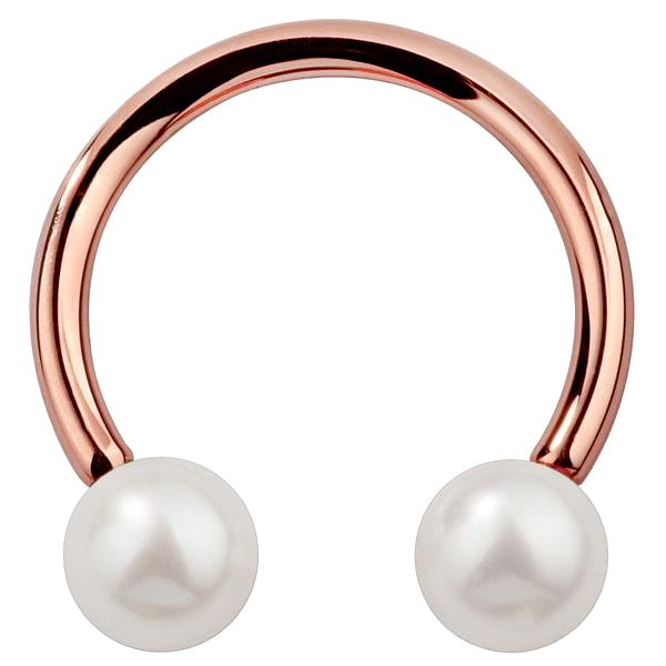 14K rose gold circular barbell with cultured white pearl ends, front view on white background