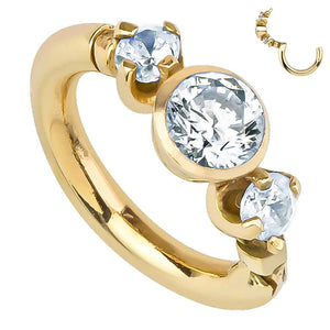14k yellow gold three-CZ clicker cartilage ring with bezel center stone, front view with open hinge inset