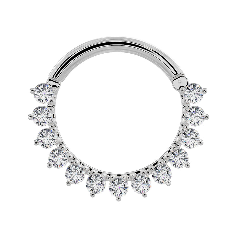 14k white gold CZ petal clicker ring, larger diameter showing full row of graduating CZ stones