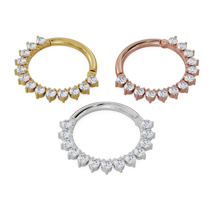 Larger diameter diamond petal clicker ring compared in 14K yellow gold, rose gold, and white gold
