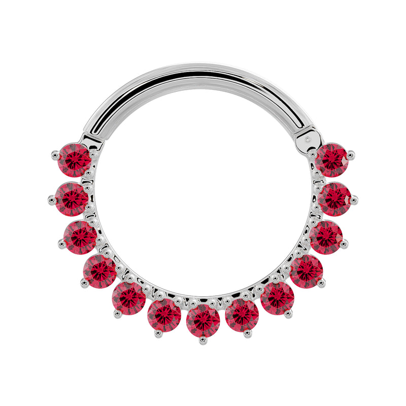 14K white gold garnet clicker ring larger diameter showing full row of Mozambique garnet petals
