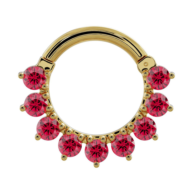 14K yellow gold garnet clicker ring with tiered petal-set Mozambique garnets, front view