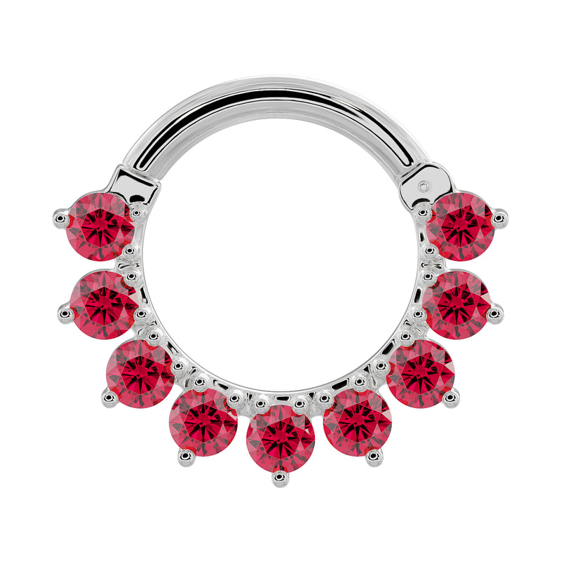 14K white gold garnet clicker ring with tiered petal-set Mozambique garnets, front view