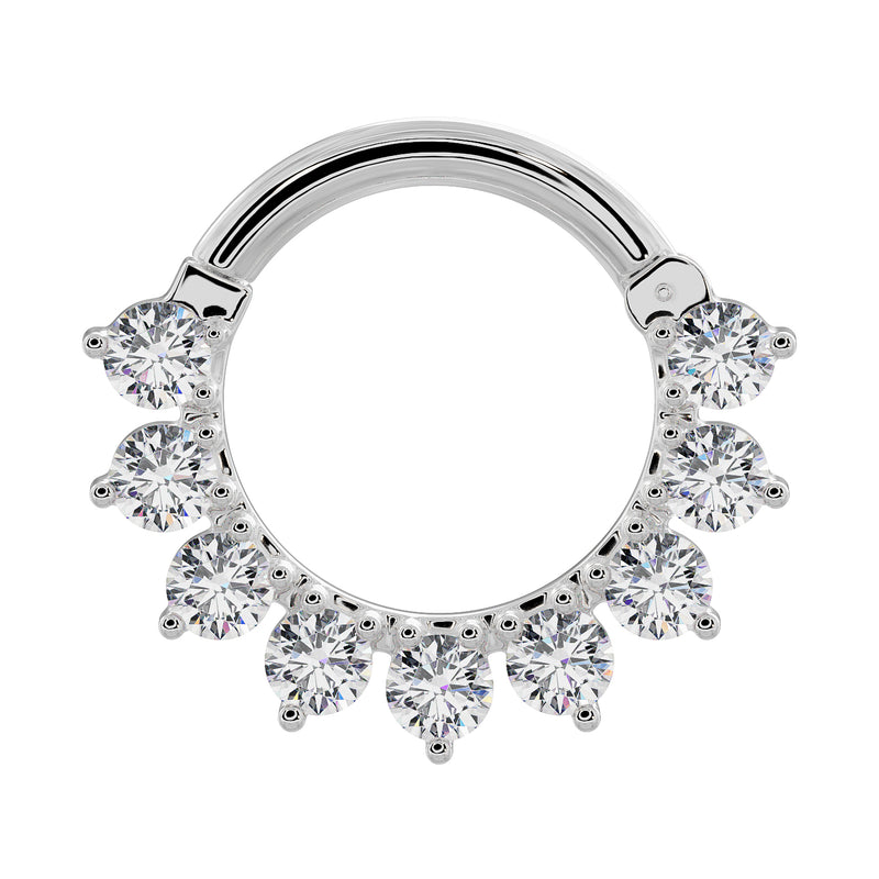 14K white gold diamond petal clicker ring with prong-set round diamonds, front view