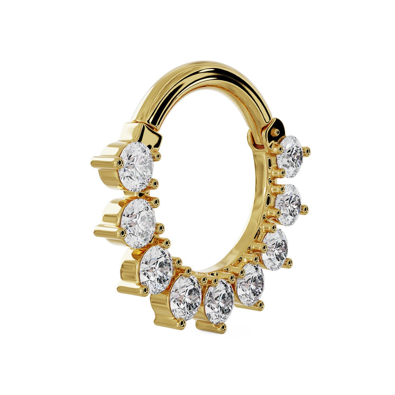 Angled side view of 14k yellow gold CZ petal clicker ring revealing depth of prong settings