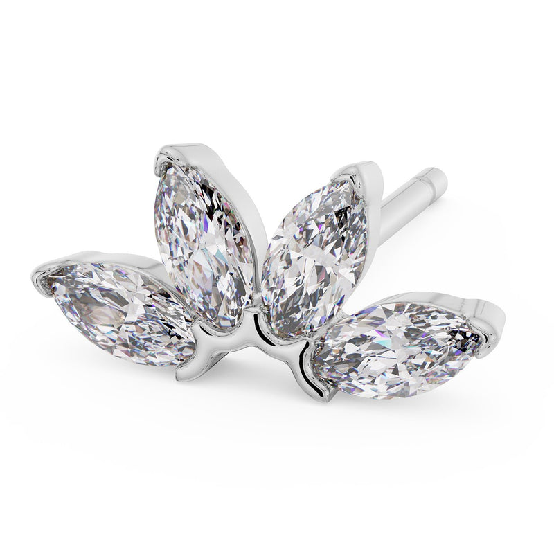 Angled side view of 14k white gold marquise fan stud earring highlighting stone arrangement and post