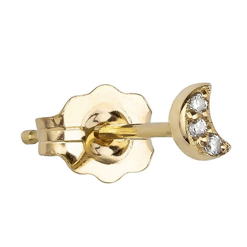 14k yellow gold crescent moon diamond pave stud earring with butterfly backing, side view