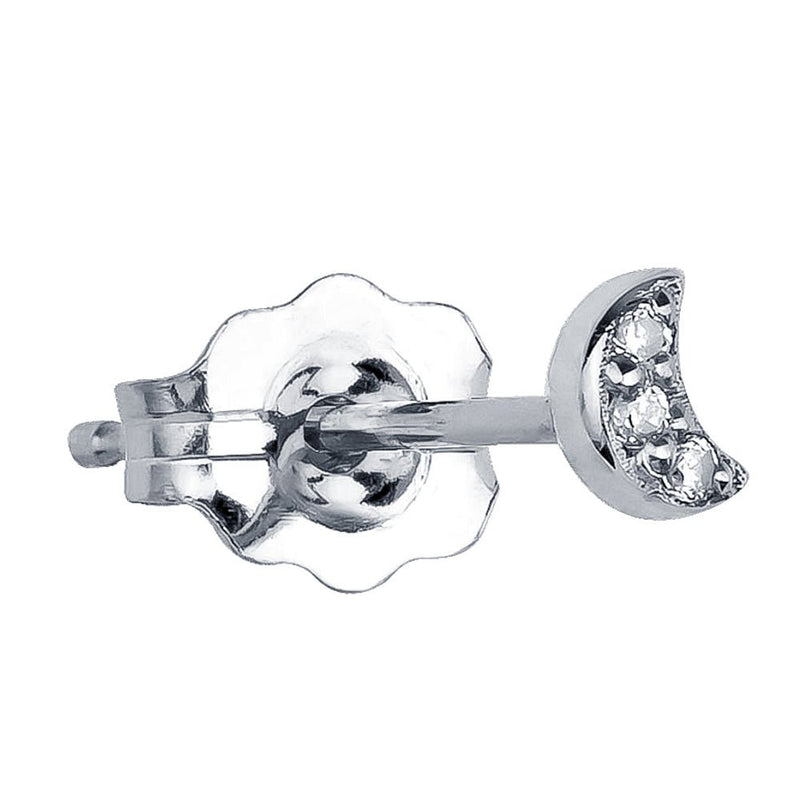 14k white gold tiny crescent moon diamond pave stud earring with butterfly backing, side view