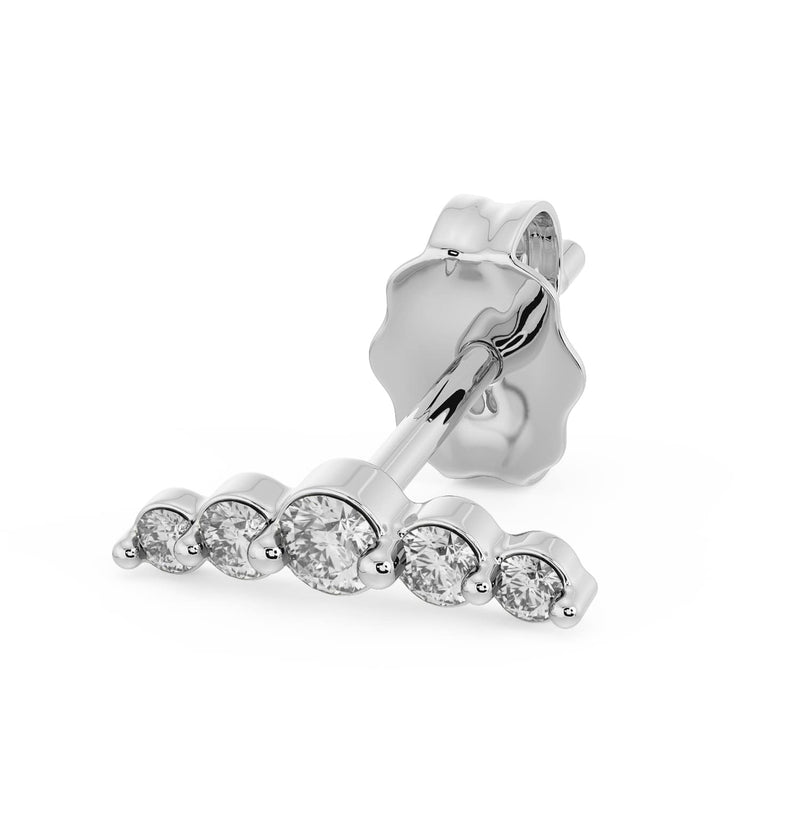 14k white gold mini climber earring with five CZ stones, angled view showing butterfly backing