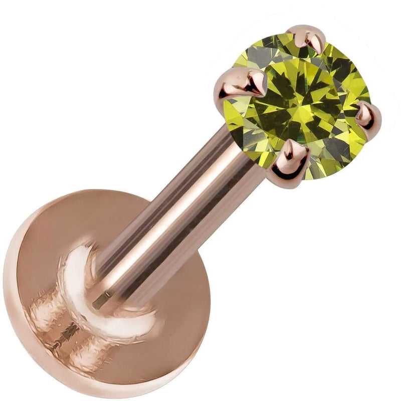 2mm peridot flat back labret in 14K rose gold with four-prong setting, angled product view