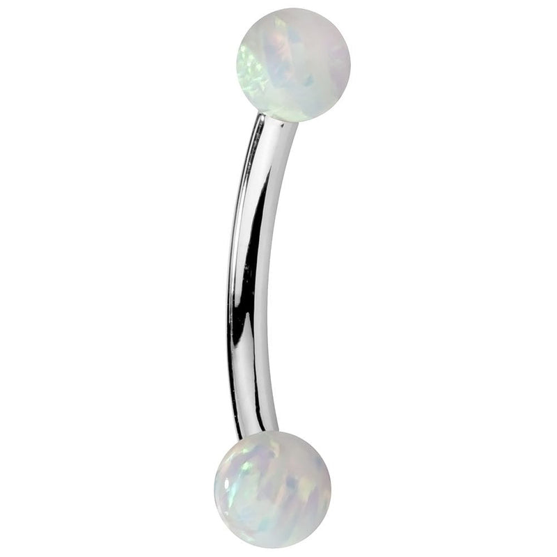 14K white gold curved barbell with white simulated opal ends, polished silver-tone finish