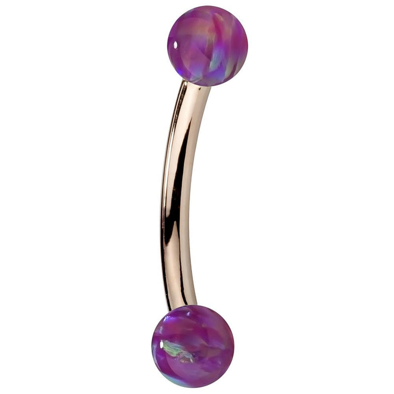 Purple simulated opal curved barbell in 14K rose gold with dual purple opal ball ends