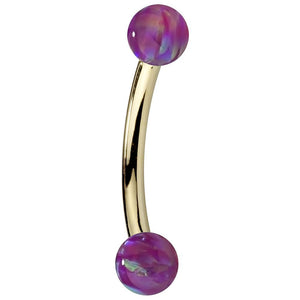 Purple simulated opal curved barbell in 14K yellow gold with dual opal ball ends
