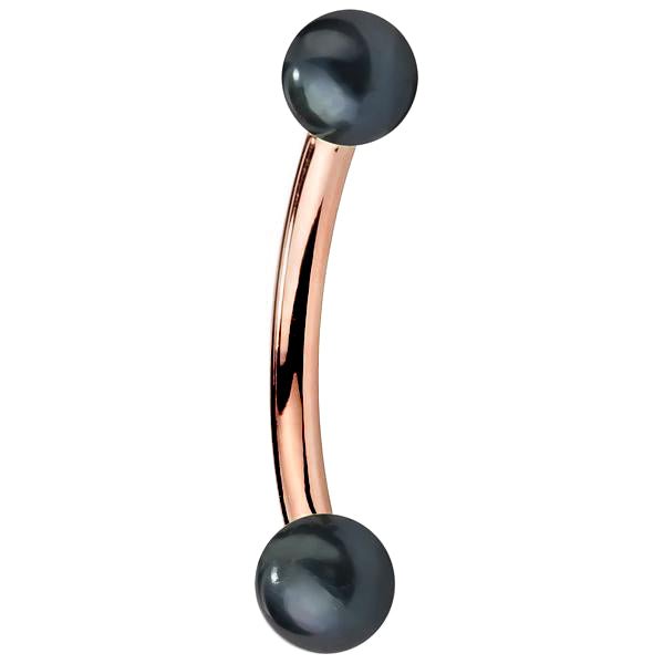 14K rose gold curved barbell with double peacock pearl ends, warm pink-gold bar detail