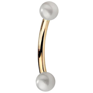 14K yellow gold curved barbell with dual cultured white Japanese pearls, side profile view