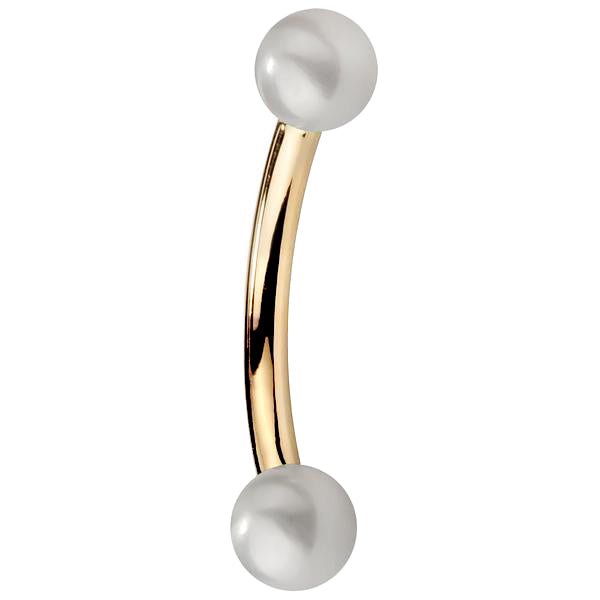 14K yellow gold curved barbell with dual cultured white Japanese pearls, side profile view
