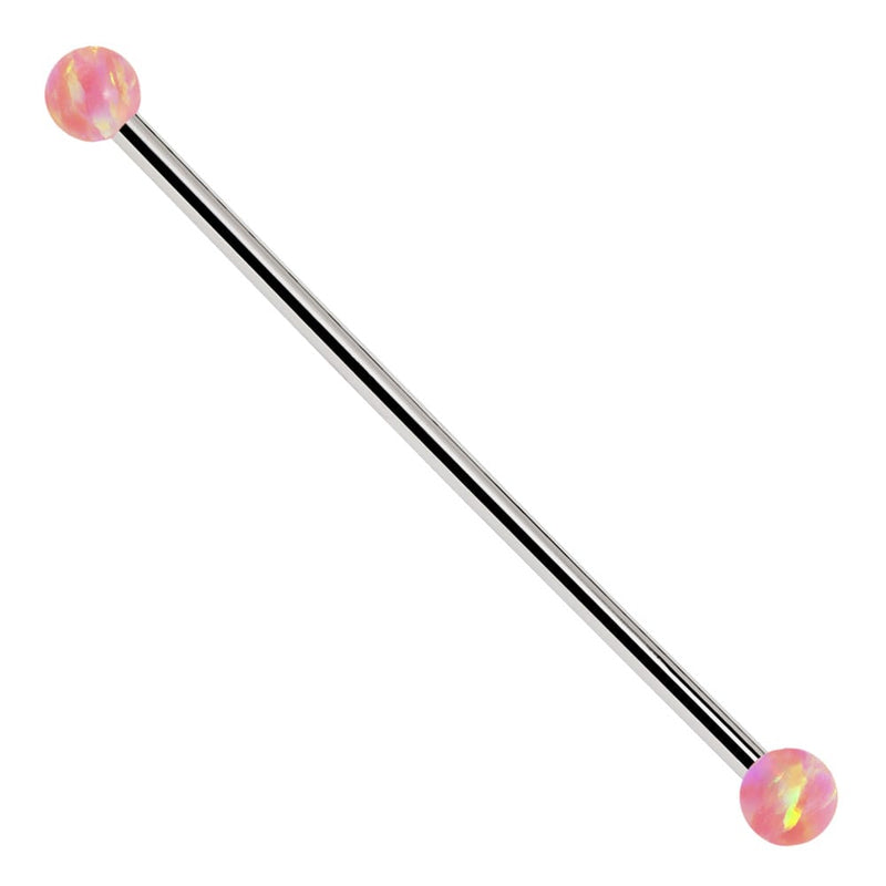 14k white gold industrial barbell with pink synthetic opal ball ends, front view on white background