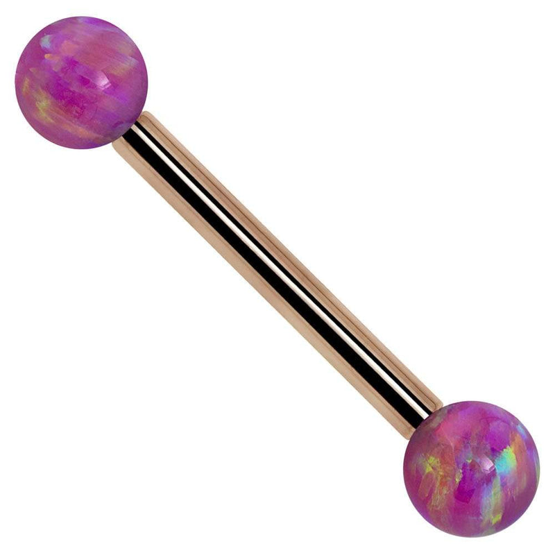 14k rose gold straight barbell with purple synthetic opal ball ends, front view on white background