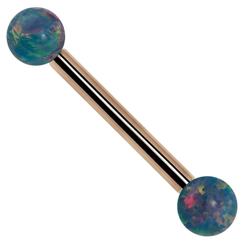 14k rose gold straight barbell with teal lab opal ball ends, front view on white background