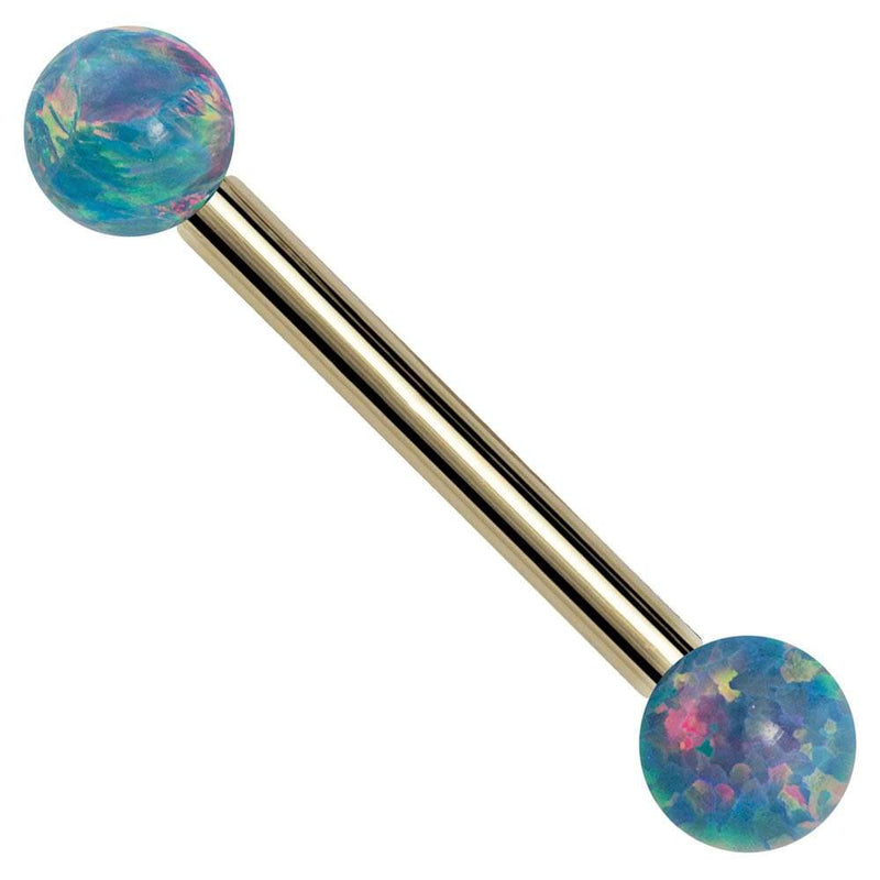 14k yellow gold straight barbell with teal lab opal ball ends, front view on white background