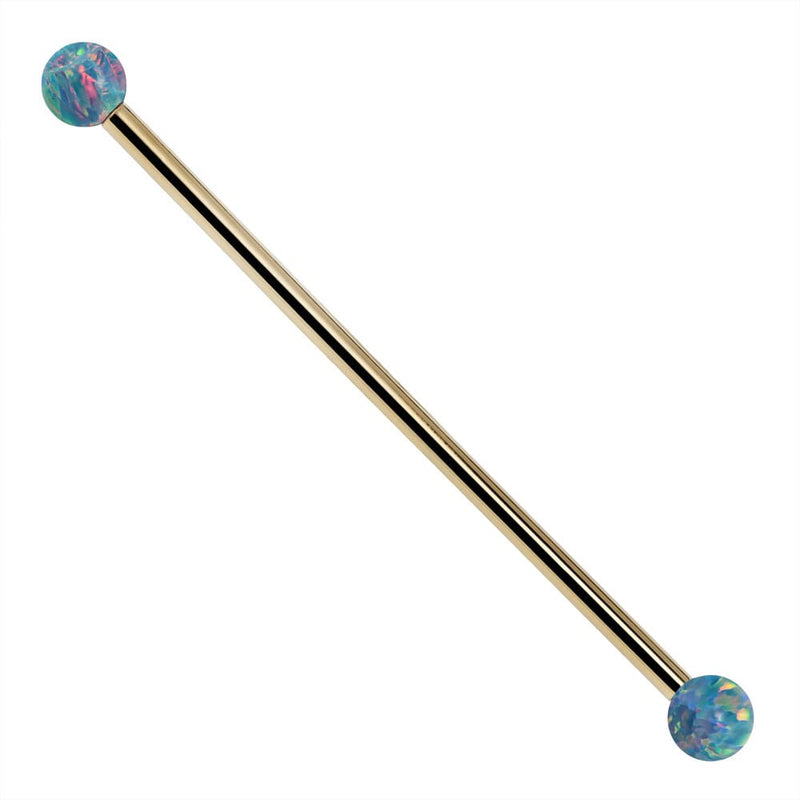 Teal opal 14k yellow gold industrial barbell with warm gold shaft and multicolor synthetic opal ball ends