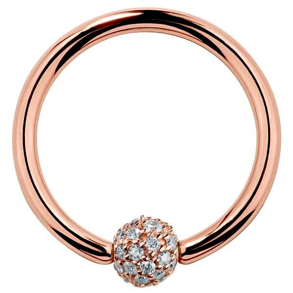 14K rose gold fixed bead ring with 4mm diamond pavé ball, front view showing warm-toned hoop