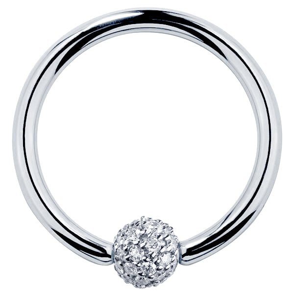 14K white gold fixed bead ring with 4mm diamond pavé ball, front view showing bright polished hoop