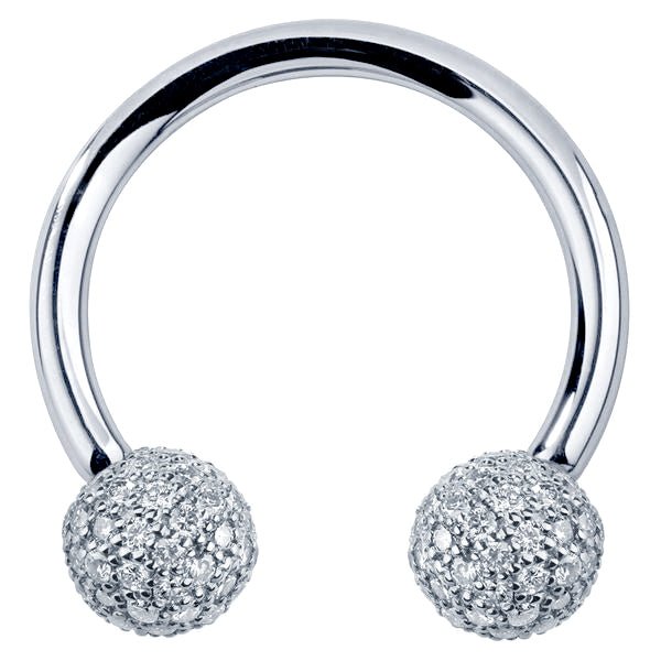 14K white gold circular barbell with 4mm diamond pavé balls, straight-on front view
