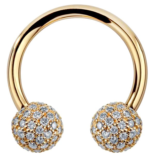 14K yellow gold circular barbell with 5mm diamond pavé balls, front view on white background