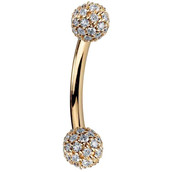 14K yellow gold curved barbell with diamond pavé 5mm balls, side view showing warm gold tone