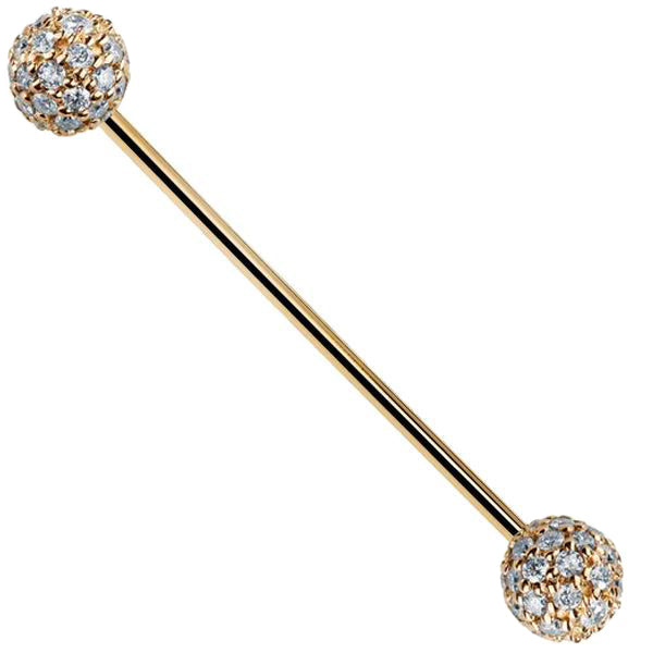 14k yellow gold straight barbell with 5mm genuine diamond pavé balls, front view
