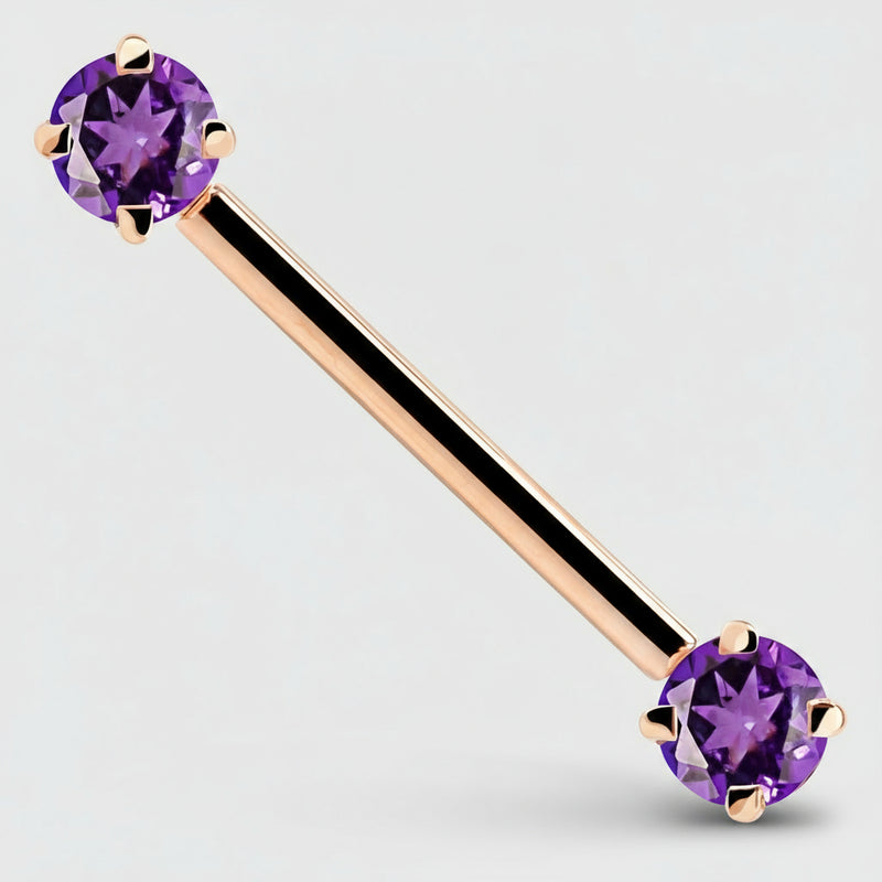 14K rose gold straight barbell with dual round purple CZ stones in 4-prong settings, angled view