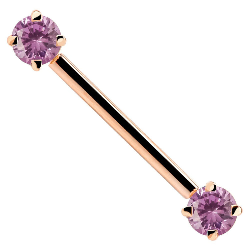 14k rose gold straight barbell with pink CZ gemstone ends, showing warm rose tone contrast